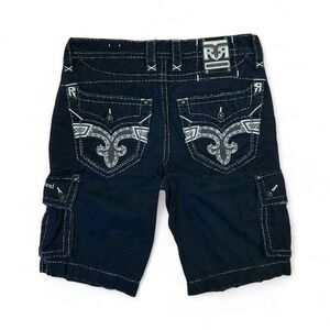 ROCK REVIVAL SHORTS MENS 32 NAVY BLUE LEATHER ON POCKETS